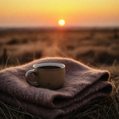 Coffee cup on blanket at sunset