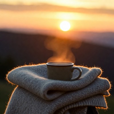 Steaming Coffee Cup on Sweater at Sunset
