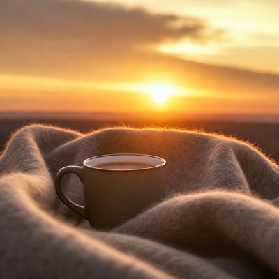 Coffee cup on blanket at sunset