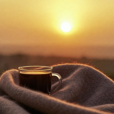 Coffee cup on blanket at sunset