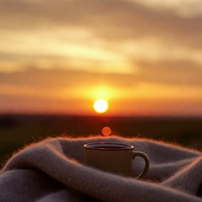 Enamel Mug on Blanket at Sunset