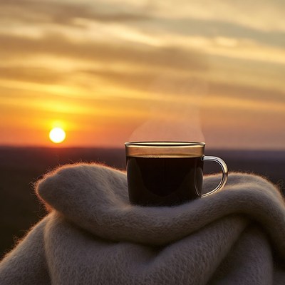 Coffee cup in blanket at sunset