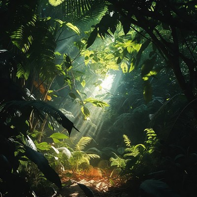 Sunlight Beams in Lush Jungle Path