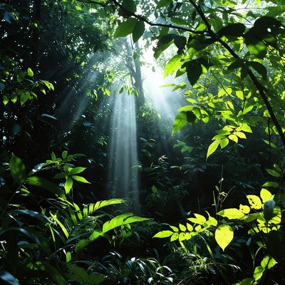 Sunlight Rays in Dense Jungle Forest