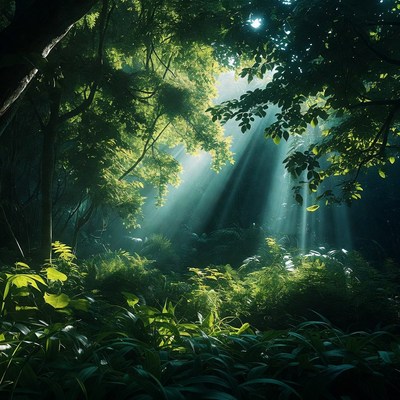 Sunlight Beams in Lush Forest