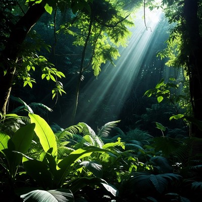 Sunlight Beams in Lush Jungle