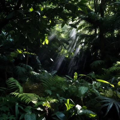 Sunlight Beams in Lush Jungle Forest