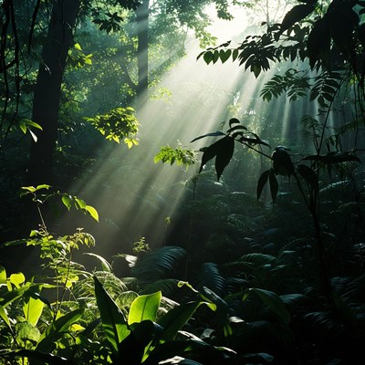 Sunlight rays in dense jungle forest