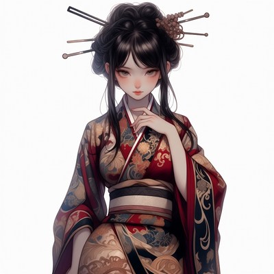 Anime girl in red kimono