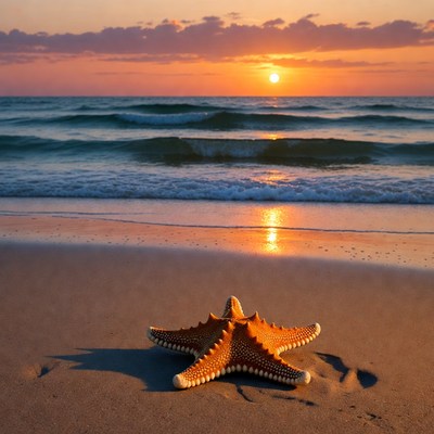 Starfish on beach at sunset