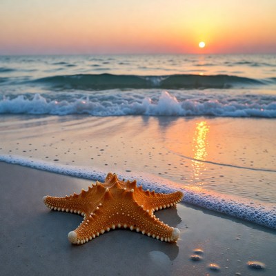 Starfish on beach at sunset