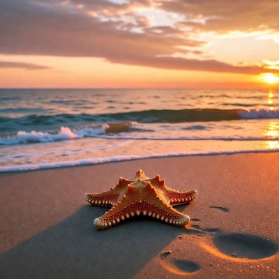 Starfish on beach at sunset