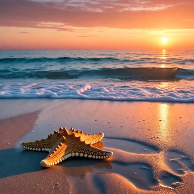 Starfish on beach at sunset