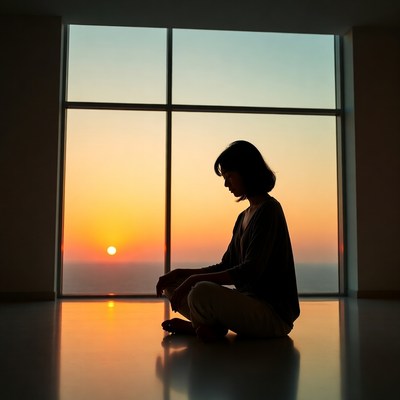 Silhouette woman meditating by sunset window
