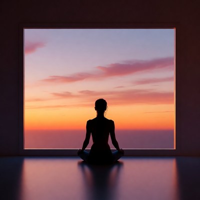 Silhouette woman meditating by sunset window