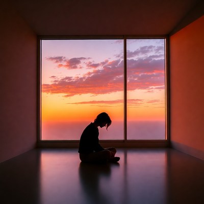 Silhouette woman sitting by sunset window