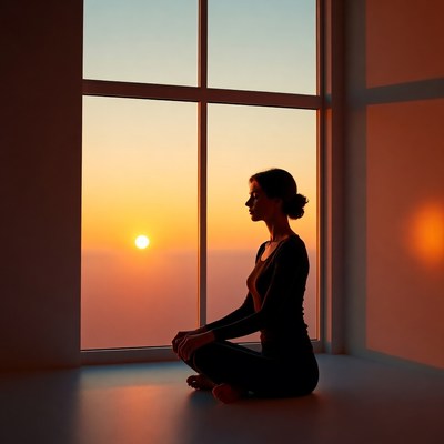 Woman meditating by sunset window
