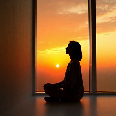 Silhouette woman meditating by sunset window