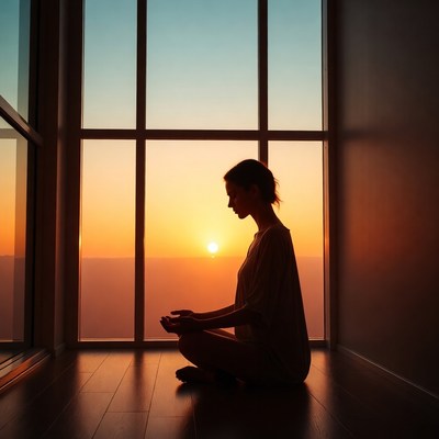 Silhouette woman meditating by sunset window