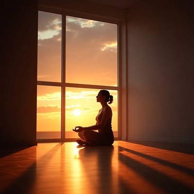 Woman meditating by sunset window