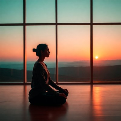 Woman meditating by sunset window