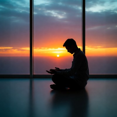 Man meditating by sunset window