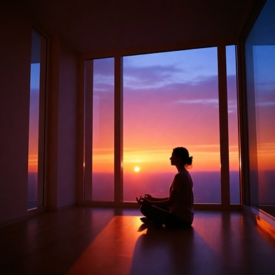 Woman meditating by sunset window