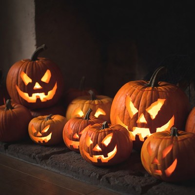 Jack-o'-lanterns by fireplace