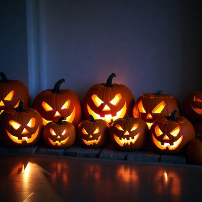 Carved Jack-o-Lantern Pumpkins on Floor