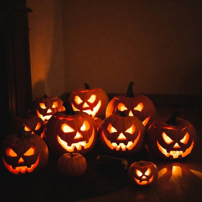 Jack-o'-lanterns by fireplace