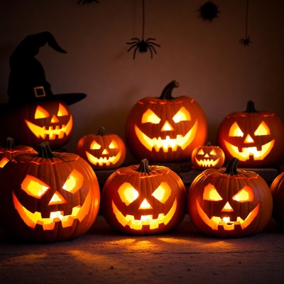 Jack-o'-lanterns with witch hat Halloween display