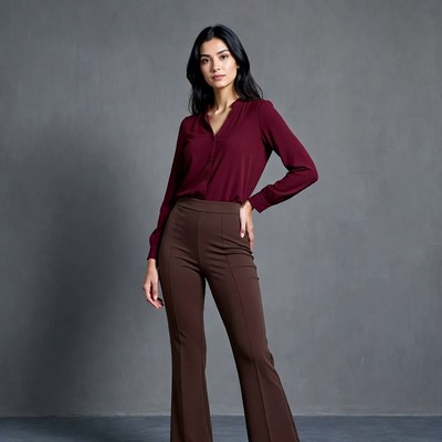 Asian woman in maroon blouse pants