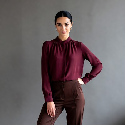 Woman in maroon blouse and pants