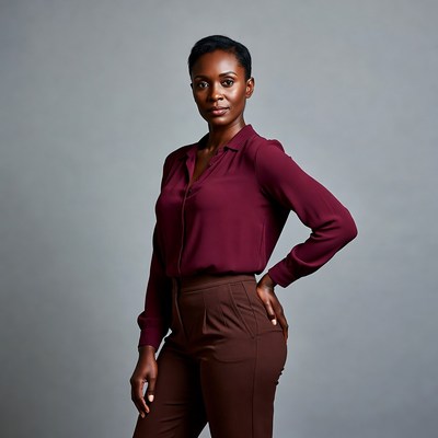 African-American woman in maroon outfit