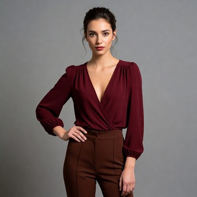 Woman in maroon blouse and brown pants