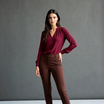 Woman in red blouse brown pants