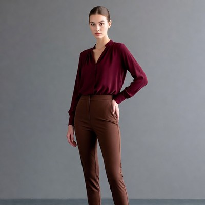 Woman in maroon blouse brown pants