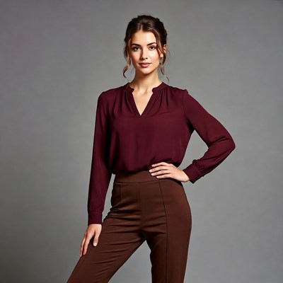 Woman in maroon blouse and pants