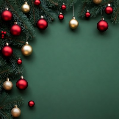 Christmas Ornaments and Fir Branches on Green Background