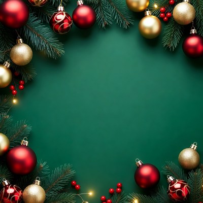 Christmas Ornaments Border on Green Background