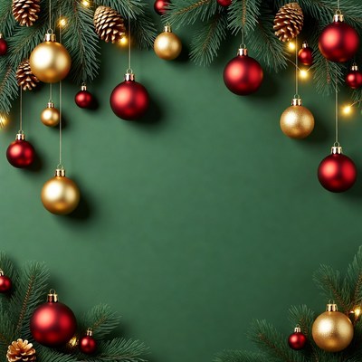 Christmas ornaments and pine branches on green background
