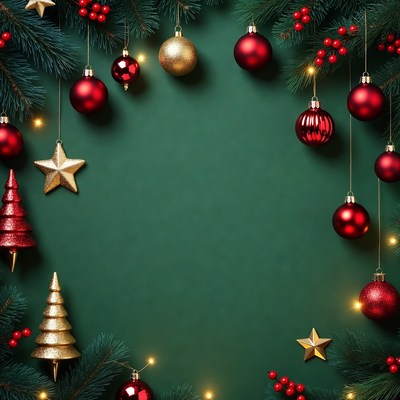 Christmas ornaments on green background