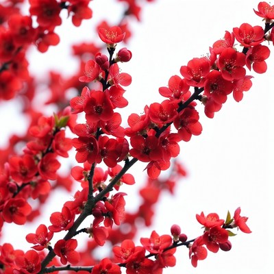 Red Plum Blossoms on White Background