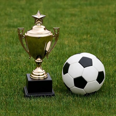 Gold Soccer Trophy with Ball on Grass