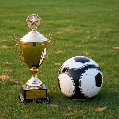 Gold Trophy and Soccer Ball on Grass
