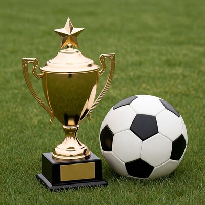 Gold Soccer Trophy with Ball on Grass