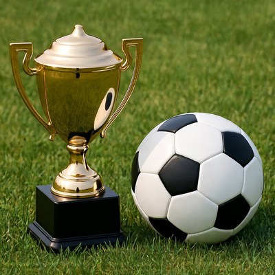 Golden Trophy and Soccer Ball on Grass