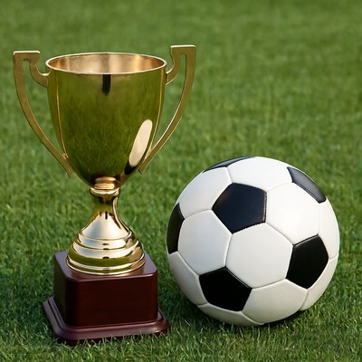 Golden Soccer Trophy and Ball on Grass