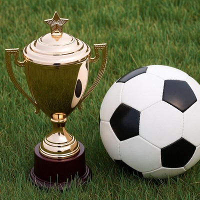 Gold Soccer Trophy and Ball on Grass