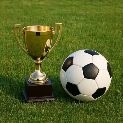 Golden Trophy and Soccer Ball on Grass